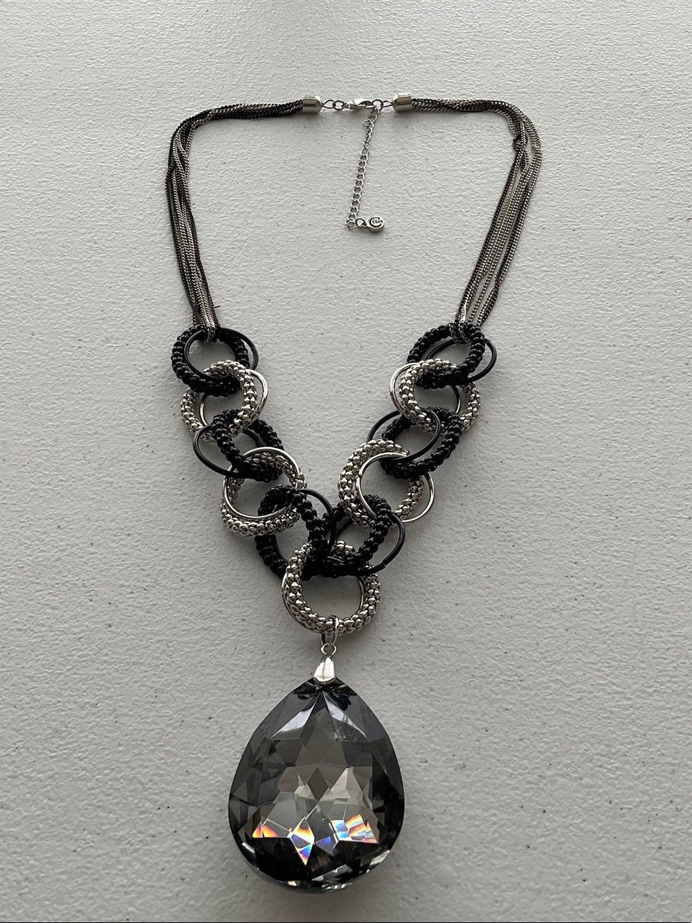 Statement Black and Silver Tone  Link Necklace with Teardrop Crystal